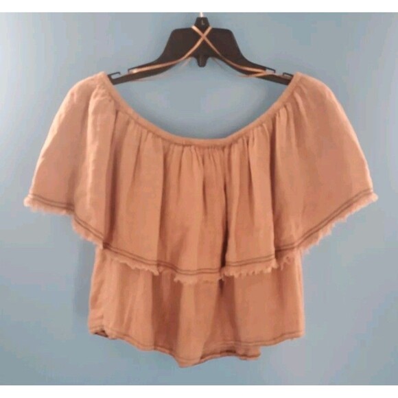 Zara Linen Top Medium Off Shoulder Distressed Boho Grundge Crop Flowy Rose - Picture 6 of 12